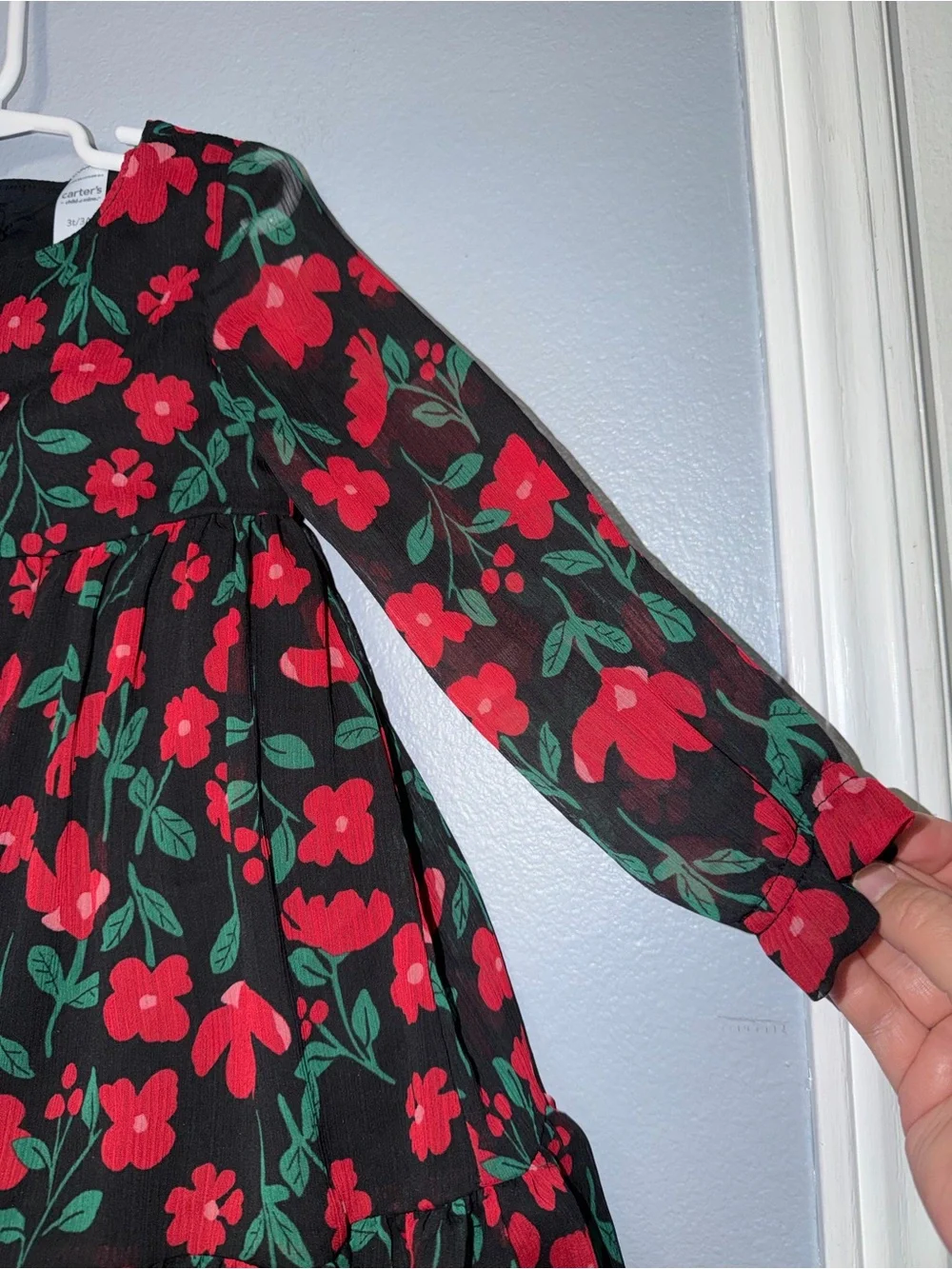 Carter's Black Dress with Red Floral & Green Leaf Print